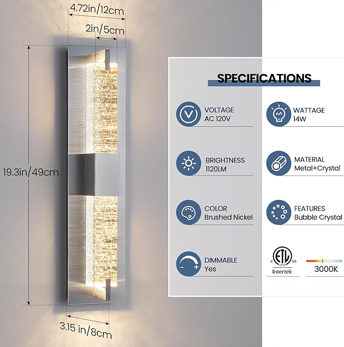 WOSHITU LED Wall Sconce Light: 19 Inch Nickel Modern Sconces Wall Lighting 3000K Dimmable Crystal Wall Lamps Indoor Bathroom Sconce Wall Mount Light Fixtures for Living Room/Bedroom/Hallway