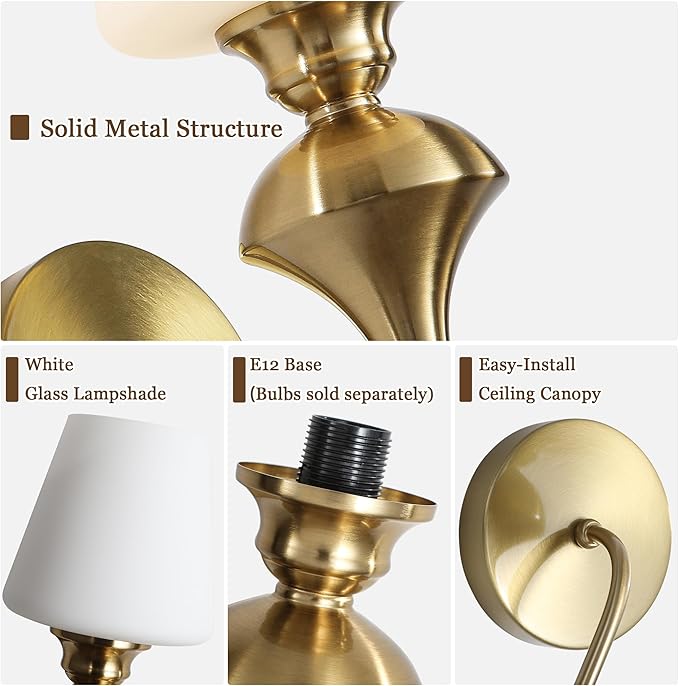 LASENCHOO Modern Gold Wall Sconce, 1-Pack Antique Brass Wall Light Fixtures with Glass Shade, Vintage Sconces Wall Lighting Single Wall Mounted Lamp for Bedroom Living Room Bathroom Vanity Light