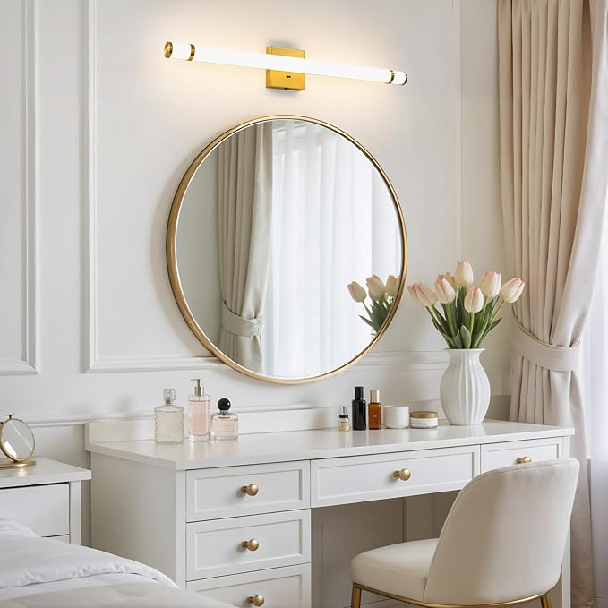 LED Modern Bathroom Light Fixtures Over Mirror - 31 Inch Gold Vanity Lights for Bathroom with Acrylic Shade 19W Dimmable 5CCT Bathroom Sconces Wall Lighting(Built-in Dimmer)