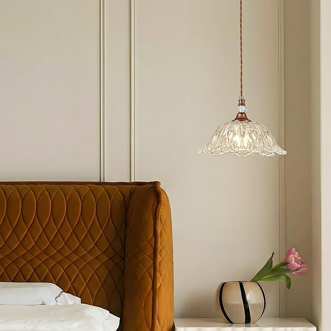 1 Piece Vintage Chandelier Light Fixtures with Crystal Glass Shade, Antique Red Bronze Finish Pendant Light for Kitchen Island, Hanging Light Fixture for Dining Room, Hallway, Living Room, Bedroom