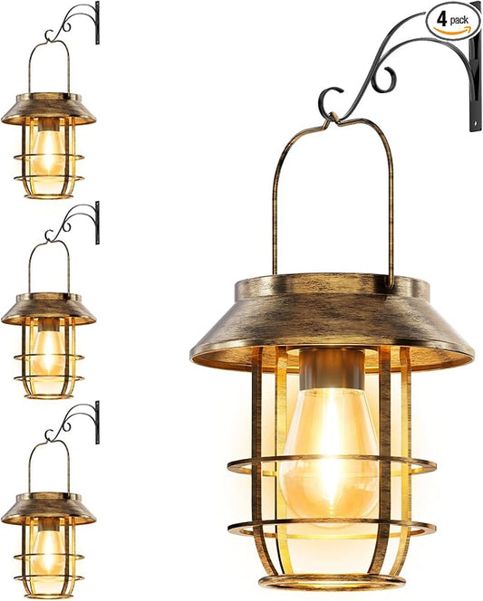 Ahaorigin Solar Lanterns Outdoor Waterproof, High Brightness Hanging Solar Lights for Outside with Wall Hooks, Retro Metal Outdoor Lanterns Auto On/Off for Porch, Patio, Yard Decor 4 Pack