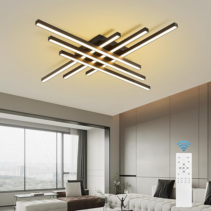 JAYMP 43.3" Modern Ceiling Light with Remote, Black Sputnik Ceiling Lamp, 96W Dimmable LED Lighting Fixture for Dining Room, Living Room, Kitchen Island, 6 Lights