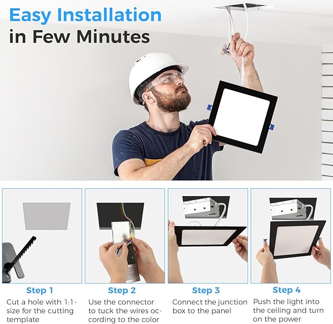 HONZIN 2 Pack 12 Inch Square Recessed Lighting, 5CCT Ultra-Thin LED Downlight, 2700K/3000K/3500K/4000K/5000K Selectable, Dimmable, 24W, IC Rated Canless Ceiling Lights with Junction Box, Black Trim