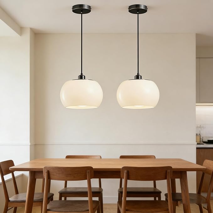 2 Pack Black Vintage Pendant Lights 1-Light Flush Mount Chandelier White Glass Ball Shade Kitchen Island Light for Hallway Dining Room, Globe Pendant Fixtures