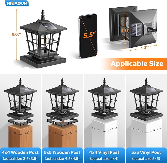 NIORSUN Solar Post Lights Outdoor, Fence Post Solar Lights with 3 Color Temperatures, Edison LED Bulbs Garden Patio Fence Deck Decor, 4x4 Posts Caps, 4x4, 5x5 Wooden & Vinyl (6 Pack,Black)