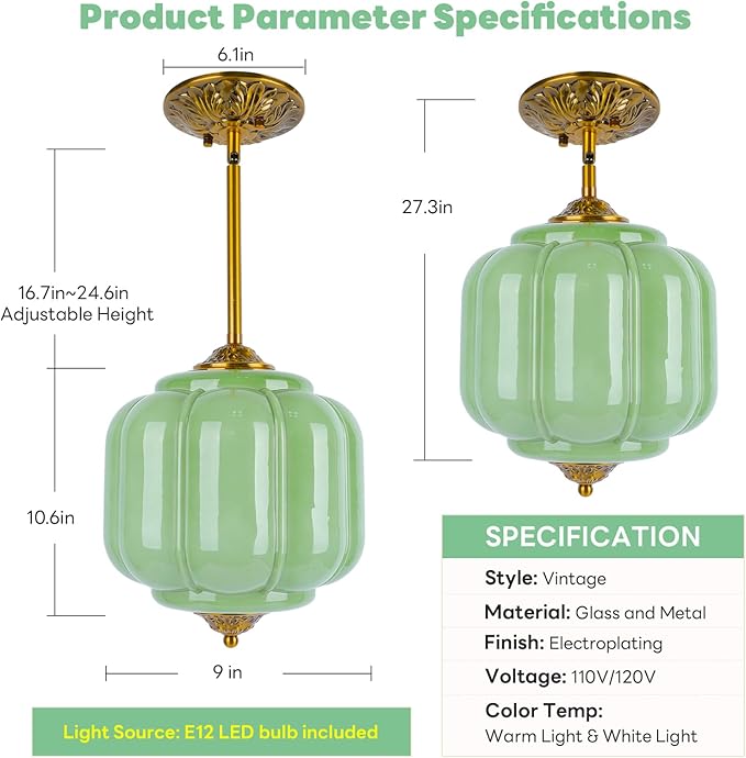 9in Green Milk Glass Ceiling Light, LED Bulb Included, Vintage Schoolhouse Semi Flush Mount Pendant Light Art Deco Chandelier for Kitchen Dining Room Hallway Bedroom, Antique Gold & Green