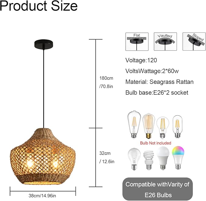 15.4" Rattan Pendant Light Fixtures,Boho Water Plants Pendant Light,2-Light Hand Woven Seagrass Chandelier for Workplace Occasions Restaurants Dining Living Bedroom Kitchen Farmhouse
