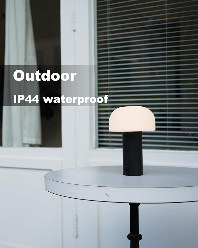 WEILAILUX Cordless Mushroom Table Lamp, Waterproof Shower Lamp, Battery Operated Table Lamp Rechargeable, Touch Dimmable Night Light for Bedroom/Patio/Camping/Dinning/Outdoor (Black)