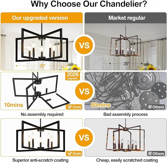 25" Modern Matte Black Chandelier for Dining Room, No Assembly Required Black Dining Room Light Fixture Over Table, Industrial Metal Hanging Pendant Lights Fixture for Kitchen Island, Entryway, Foyer