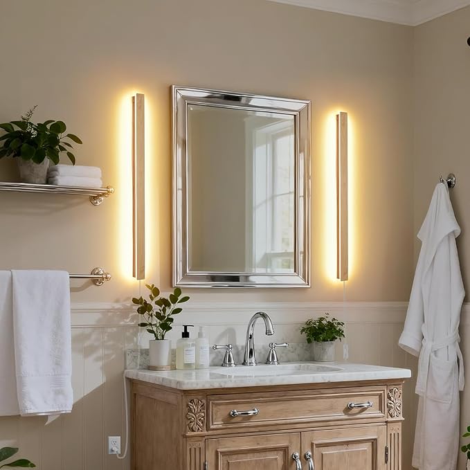 Modern Plug in Long Wall Sconce, 31.4 inch Faux Wood Texture Finish LED Wall Lights, 16W Warm White 3000K Acrylic Indoor Wall lamp, with 59" Plug Cable for Bedroom, Living Room, Hallway