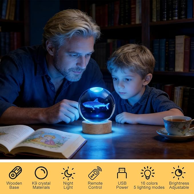 Shark Night Light, 3D Crystal Ball Lamp with 16 LED Color Changing & Remote, 3.15 Inch Unique Desk Decor, Gift for Women Men Kids, Birthday Christmas Home Room Decoration, Shark Lamp