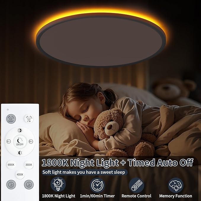 11 Inch Flush Mount Ceiling Light with Night Light, 24W 2400LM, Dimmable LED Ceiling Lights Fixture with Remote Control, 3000K/4000K/6500K Selectable, Slim Bright Bedroom Light Fixture, Round White