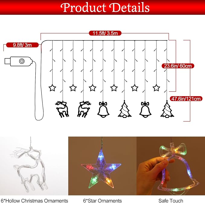 Lewondr Reindeer Bell Christmas Curtain Lights, 138 LED Christmas Tree Hanging Home Lights with 6H Timer & 8 Modes, USB Powered Fairy Lights, Xmas Decor for Home Party Indoor,Colorful Light