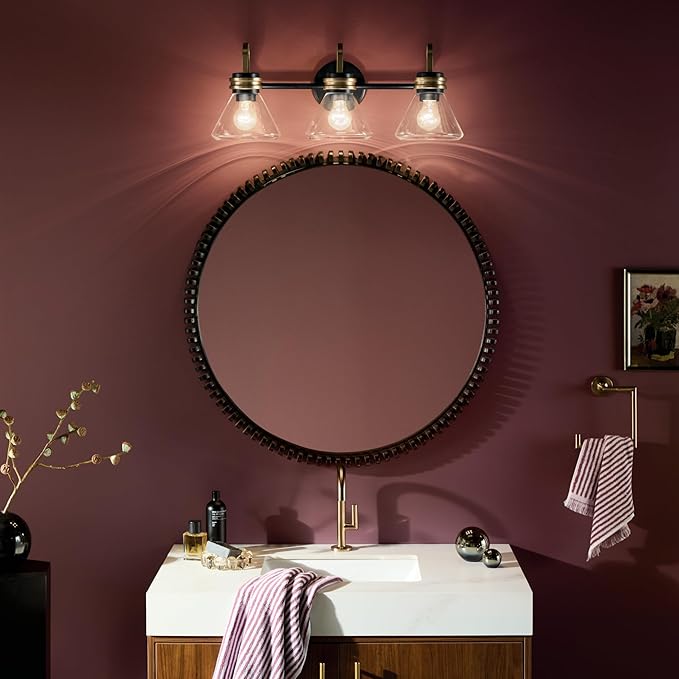 Kichler Farum 26" 3-Light Bathroom Vanity Light Fixture with Clear Glass in Black, Modern Wall Mount Over Mirror for Single or Double Vanity, Powder Room (26" x 9.5" x 9.5"), 55155BKCLR