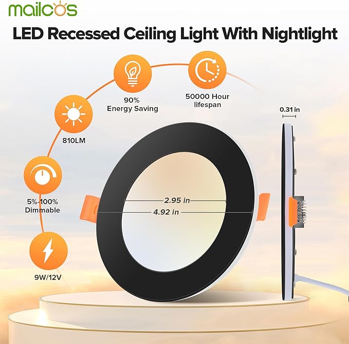 MAILCOS 12 Pack Black 4 Inch 5CCT LED Recessed Ceiling Light with Night Light, 2700K-5000K Selectable, Ultra-Thin Lighting, 9W 810LM, Dimmable Canless Wafer Downlight ETL Certificated