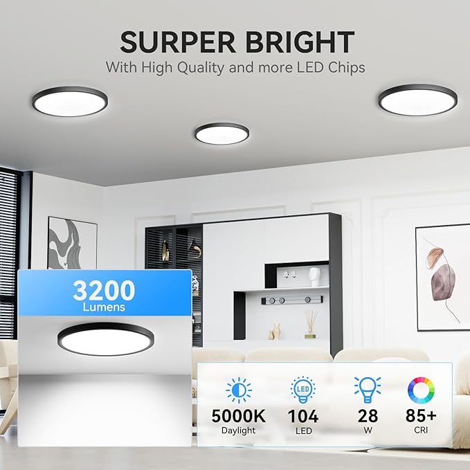 3200lm LED Flush Mount Ceiling Light, Super Slim 12 inch LED Ceiling Light, 5000K LED Ceiling Light for Bedroom, Living Room, Dining Room (Black, One Pack)