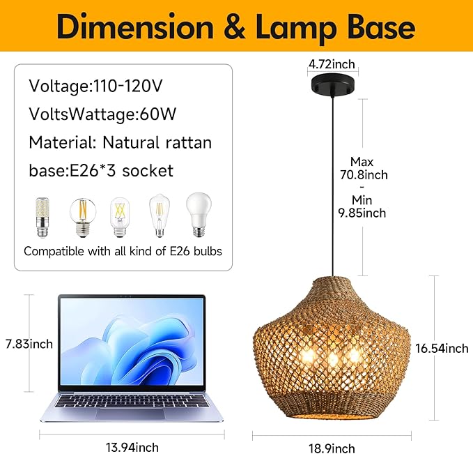 18.9”Boho Wicker Large Pendant Light,3-Light Rattan Chandelier, Hand-Woven Seagrass Farmhouse Fixture, for Kitchen Island Bedroom Dining Living Entrance Halls.