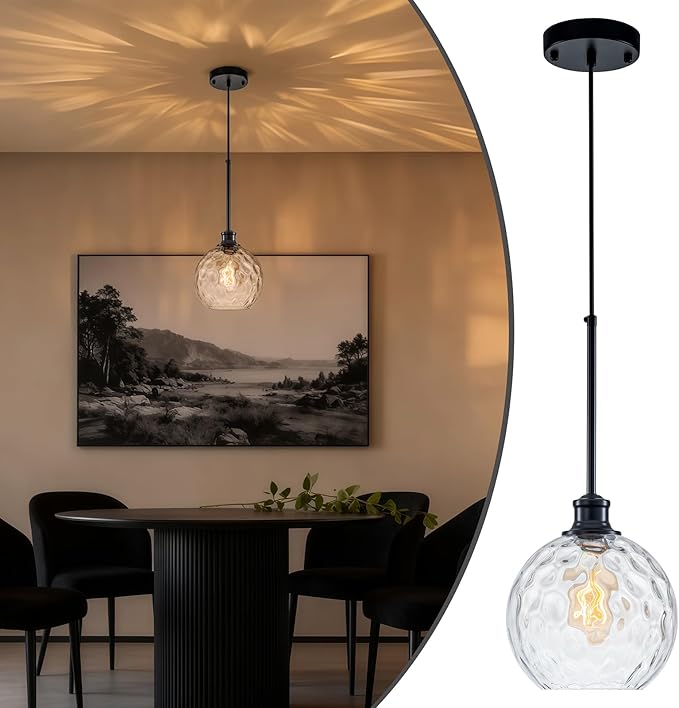 Glass Pendant Light Fixtures, Black Globe Pendant Lights Kitchen Island with 7.8" Clear Hammered Glass, Adjustable Hanging Farmhouse Kitchen Island Lighting For Bathroom Dining Room Sink 1 Pack