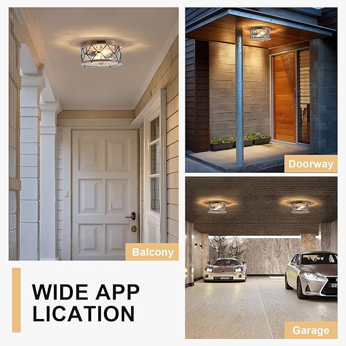 Motion Sensor Outdoor Flush Mount Ceiling Light, Industrial Glass Rustic Wood-Like Finish 2-Light Ceiling Lamp for Porch, Entryway, Garage, Timer and Sensitivity Adjustable (Wood-Like-Round)