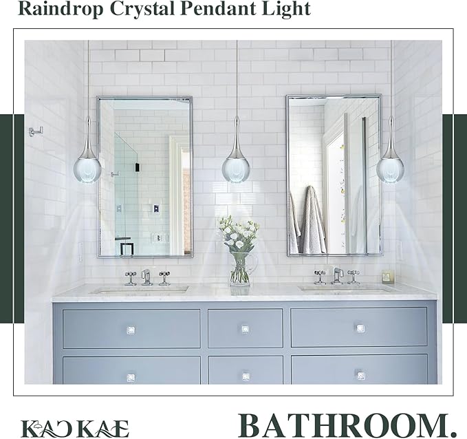 LED Pendant Light Kitchen Island Raindrop Crystal Pendant Lights Dimmable Chrome Modern Hanging Light for Bedroom Bathroom Living Room 6000K Cool White, 3 Pack
