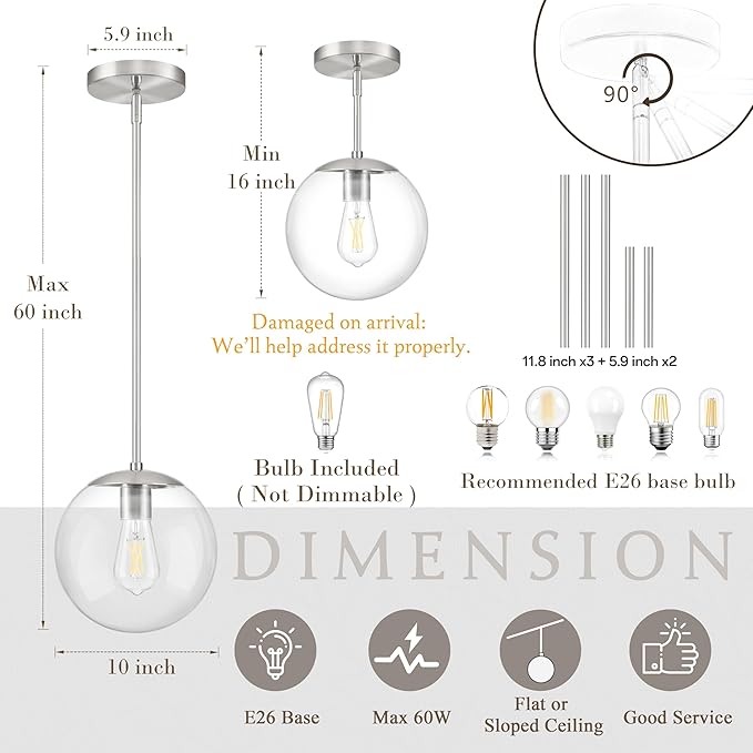 Bagood 10 Inch Globe Pendant Light Nickel Globe Pendant Lights Kitchen Island Mid Century Light Fixture with Hight Clear Glass Contemporary Adjustable Hanging Lights for Dining Room (Bulb Included)