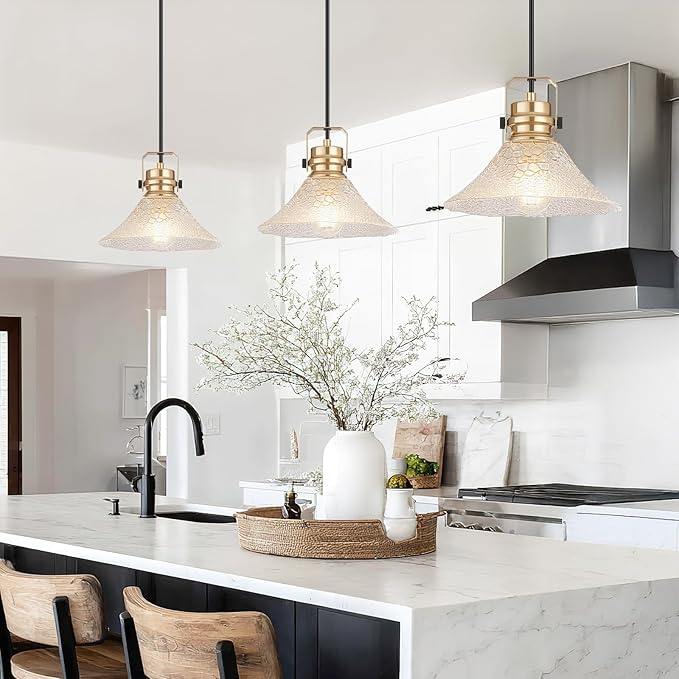 Glass Pendant Lights Kitchen Island 3 Pack Pendant Light Fixtures with Wave Glass Modern Adjustable Hanging Light for Kitchen Sink Dining Room Bedroom