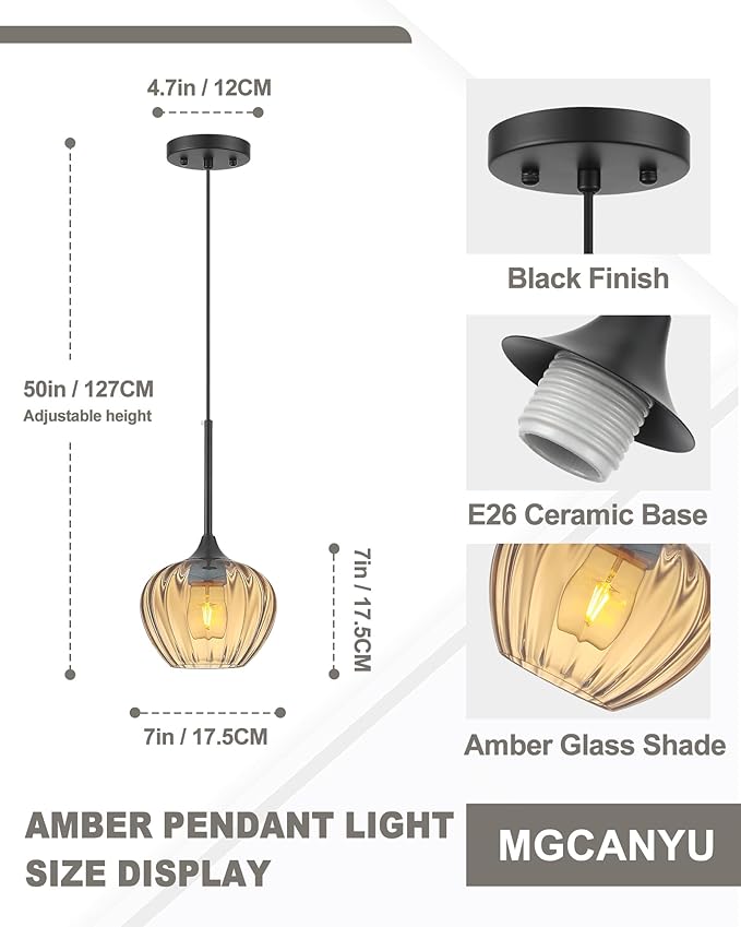 Glass Pendant Lights Kitchen Island, 7" Vintage Amber Pendant Lighting Samll Hanging Light Fixtures for Kitchen, Dining Room, Sink, Bathroom