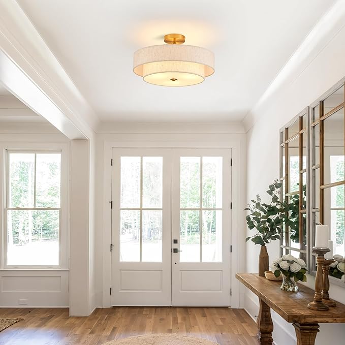 Modern Semi Flush Mount Ceiling Light 18" Modern Gold 3-Lights Drum Ceiling Lighting Fixture Vintage Linen Golden Ceiling Lamp for Laundry Room, Kitchen, Basement, Dining Room, Bedroom