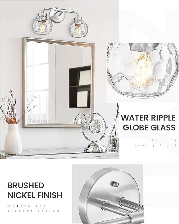 zeyu 16 Inch Bathroom Light Fixtures, 2-Light Vanity Bath Light for Mirror Bedroom, Brushed Nickel Finish with Water Ripple Globe Glass, ZS62BG-2W BN-WG