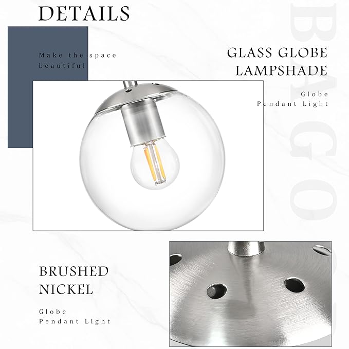 Bagood 6 Inch Globe Pendant Light Nickel Globe Pendant Lights Kitchen Island Mid Century Light Fixture with Hight Clear Glass Contemporary Adjustable Hanging Lights for Dining Room (Bulb Included)