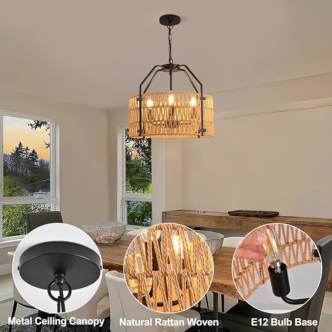 lobolighting 4-Light Rattan Chandelier Light Fixtures, 16.5" Boho Pendant Light with Hand Woven Drum Shade, Modern Farmhouse Chandelier for Dining Room Living Room Kitchen Island Bedroom