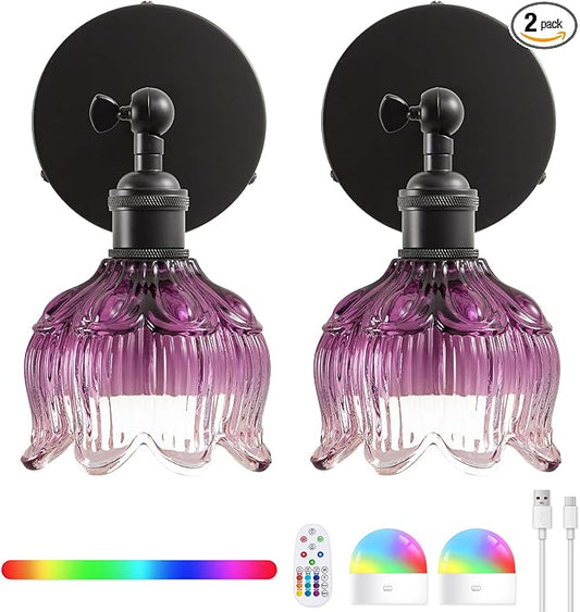 Vintage Wall Sconce - 5000mAh Rechargeable Dimmable Wireless Powered Light Sconces - Set of 2 Purple Flower Glass Cordless Mounted Lighting with Remote Control for Bedroom Bedside