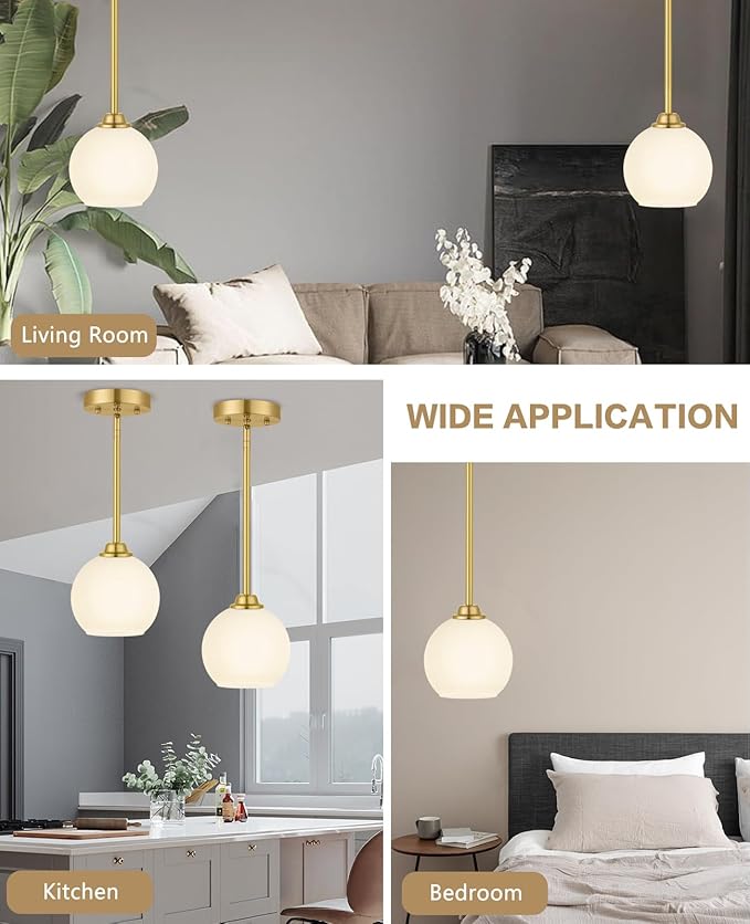 Modern Gold 2-Pack Pendant Light Fixture, Globe Shape, Adjustable Height, Kitchen Island, Dining Room, Living Room, Milk Frosted Glass Shade, ETL Listed
