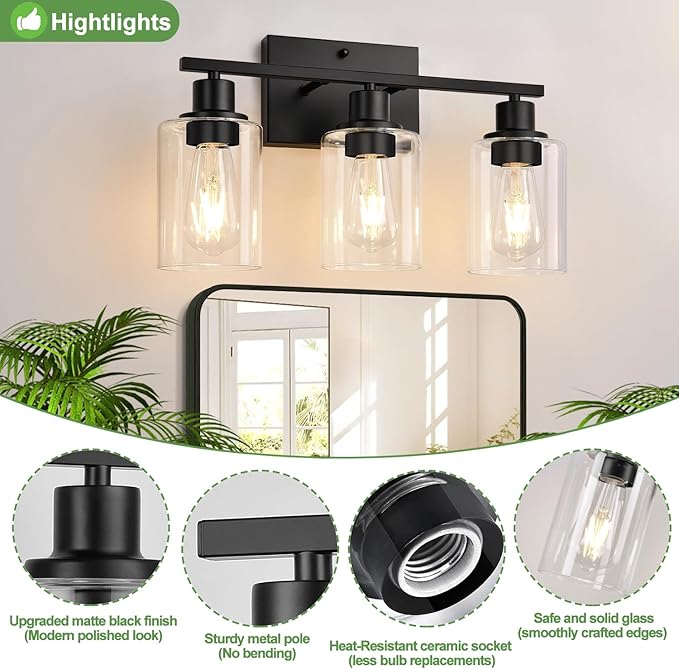 Indoi 3 Light Bathroom Light Fixtures, Matte Black Modern Vanity Lights with Clear Glass Shade, Bathroom Wall Lamp for Mirror Kitchen Living Room Hallway Cabinet Porch
