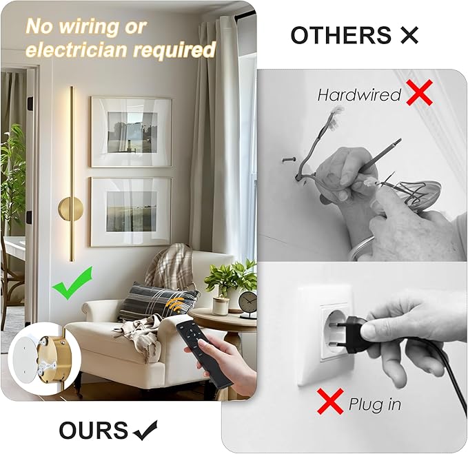 Battery Operated Modern Wall Sconces Set of Two,Rechargeable Wireless Wall Lights with Remote Control,Dimmable,3CCT,Timer,360°Rotation,Cordless Lighting for Bedroom,Living Room,Hallway,Brass,27.6 Inch