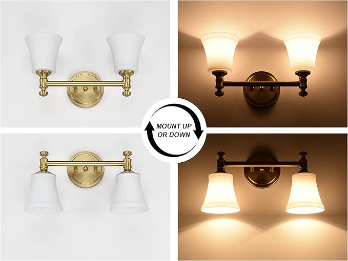 Gold Bathroom Vanity Light Fixtures, Traditional Aged Brass 2 Lights Wall Sconce Lighting with Opal Glass Shade, Porch Wall Mount Light Fixture for Bathroom, Mirror Cabinets Hallway Stairs
