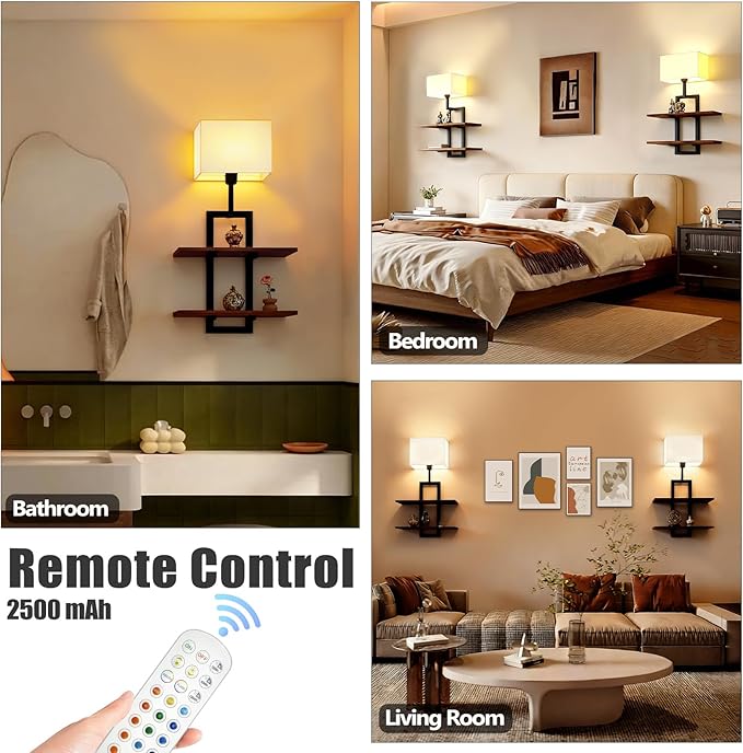RINBOU Set of 2 Battery Operated Wall Sconce with 2-Tier Shelf, Remote Wireless Rechargeable Dimmable Wall Lights with Floating Shelves, Wall Lamps for Bedroom Living Room Hallway Bathroom Decor