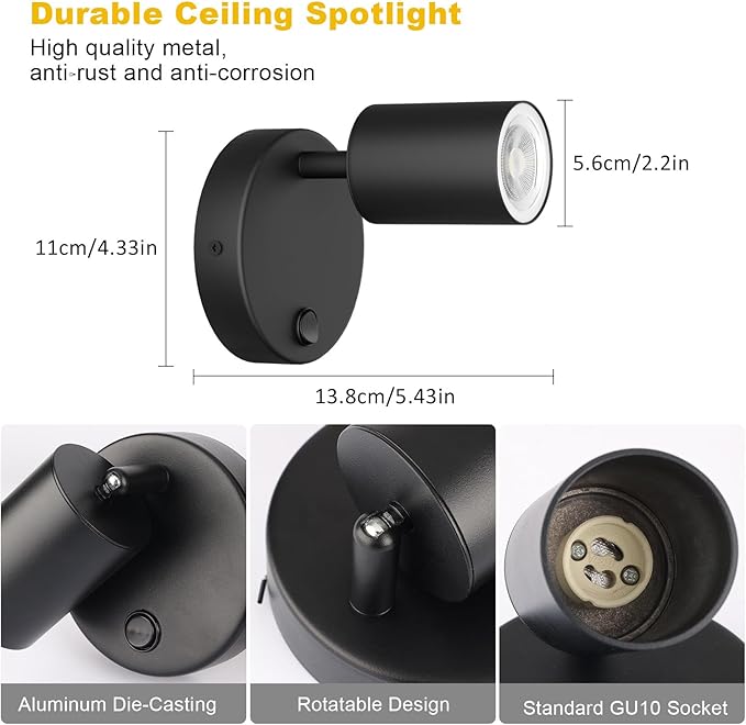 2-Pack Directional Flush Mount Spot Light Dimmable Ceiling Spotlight Indoor LED Spot Lights Adjustable Wall Spotlight Focus Light Accent Light Fixture for Living Room, Black, GU10 Bulb Not Included