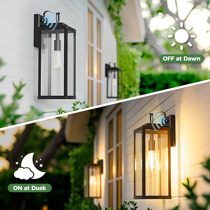 DORESshop 2-Pack Dusk to Dawn Large Outdoor Wall Lights 16 Inch, IP65 Waterproof Anti-Rust Exterior Wall Sconces, Matte Black Outdoor Light Fixtures with Clear Glass, ETL Listed for Porch Garage