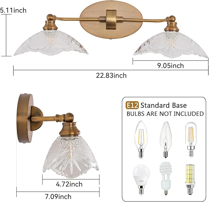 Vintage Vanity Lights, 2-Light 22.83in Antique Brass Bathroom Light fixtures(Requires E12 Bulb, Not Included)