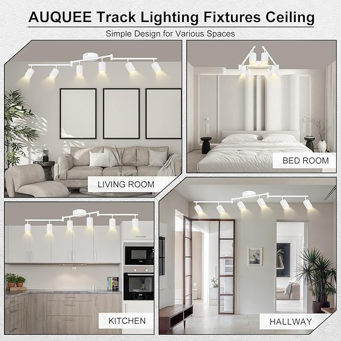 AUQUEE 6 Light Track Lighting Fixtures Ceiling, Matte White Kichen Track Lighting Fixtures with Rotatable Light Heads, Foldable Lamp Arms, Modern LED Track Lights for Kitchen/Hallway, No GU10 Bulb