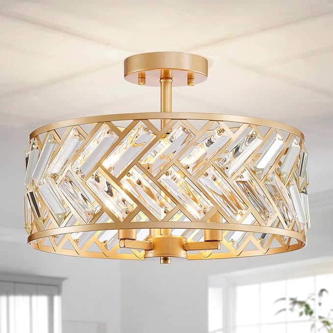 AGV LIGHTING CL052G K9 Crystal Ceiling Light, Flushmount Ceiling Light Fixture for Living Room, Close to Ceiling Modern Design, 3-Lights, D15 x H11 in, Clear Crystal & Gold Finish Frame