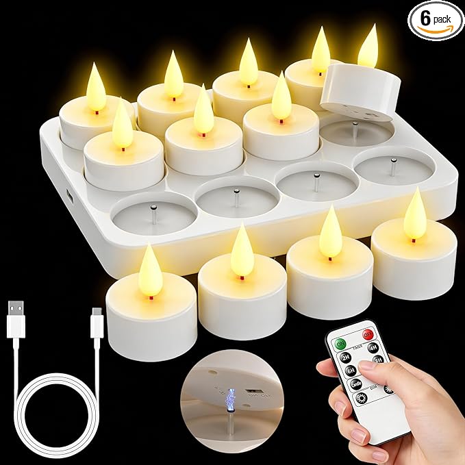12Pack Rechargeable Tea Lights with Charging Base, Remote & Timer Flameless Tealight, LED Flickering Battery Operated Candles for Christmas, Halloween, Weddings & Table Centerpieces (1.46" x 1.99")