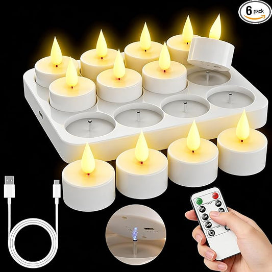 12Pack Rechargeable Tea Lights with Charging Base, Remote & Timer Flameless Tealight, LED Flickering Battery Operated Candles for Christmas, Halloween, Weddings & Table Centerpieces (1.46" x 1.99")