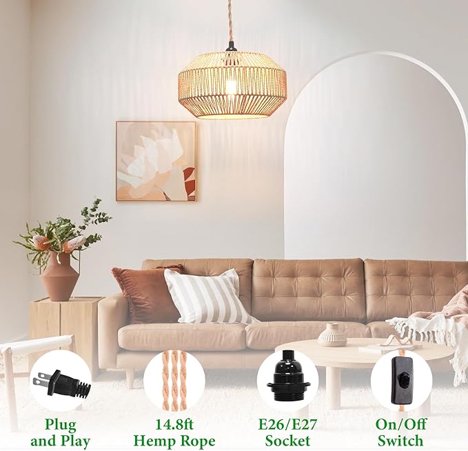 Hanging Lamp Plug in Pendant Light Rattan Hanging Lights with Plug in Cord Hanging lamp Hanging Lights with Plug in Cord Hanging lamp for Living roon