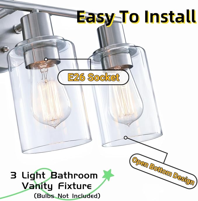 WISBEAM Brushed Nickel Bathroom Vanity Light, 3 Light Bathroom Light Fixtures Over Mirro with Clear Glass Shade Including E26 Medium Base, Bulb NOT Included