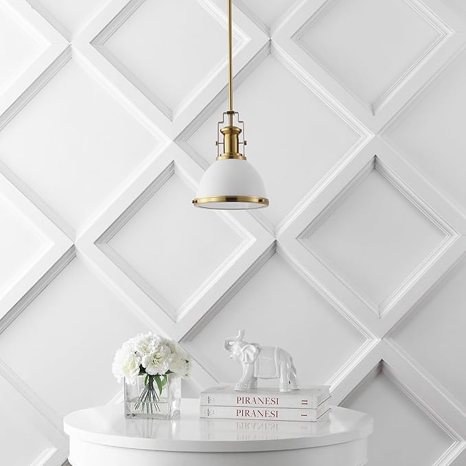 JONATHAN Y 10" Brass Gold/White Modern Industrial Iron LED Dome Pendant Light, Adjustable Hanging Fixture for Kitchen Island or Entryway, Black Metal Shade, LED Bulb Included (JYL9535D)