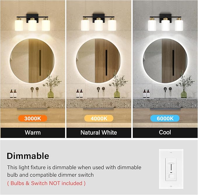 FonmYim Black and Gold Bathroom Light Fixtures, 3-Light Modern Vanity Light Over Mirror, Wall Sconces with Milky White Frosted Glass Shades, E26 Socket (Bulbs Not Included)