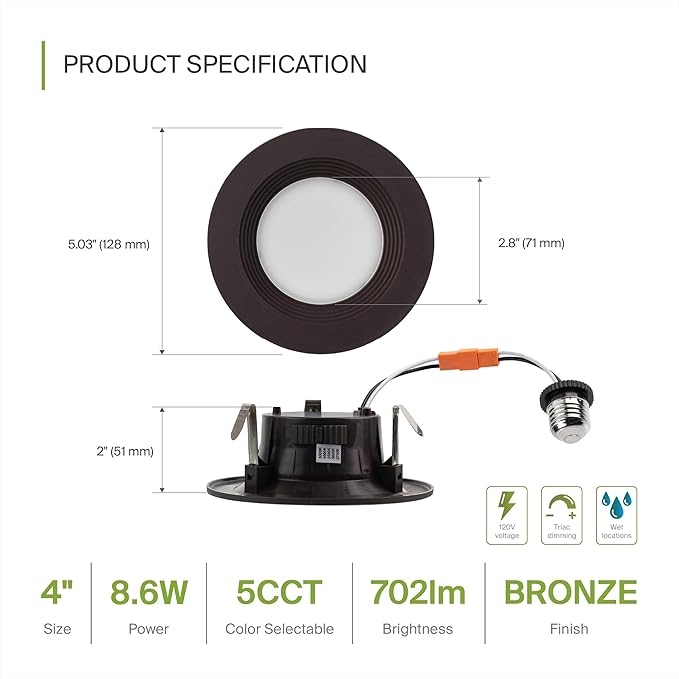 ASD Bronze 4 Inch Retrofit LED Recessed Light - 9W 2700K-5000K 700LM Retrofit LED Recessed Lighting 4 Inch, Dimmable Bronze Recessed Lights, Wet Rated Baffle Trim Can Lights, UL