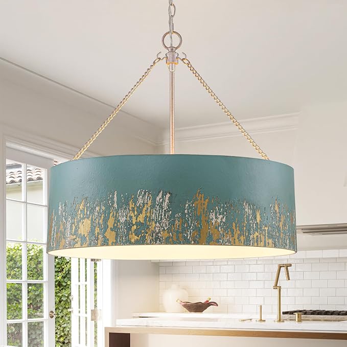 24" Blue Drum Chandelier,6-Light Modern Vintage Pendant Lights with Hand-Brushed Gold Finish,Adjustable Hanging Light Fixture for Dining Room,Kitchen Island,Living Room,Entryway